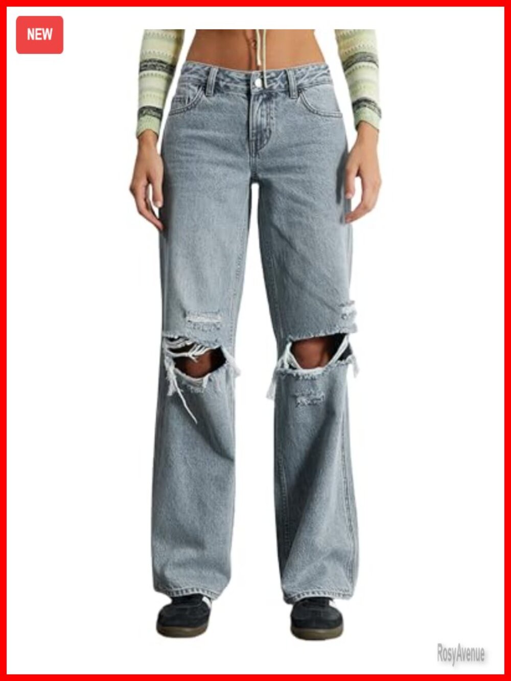 Women's Mid Waisted Wide Leg Boyfriend Jeans Distressed Cotton